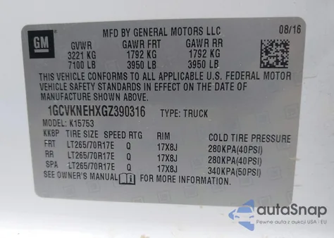 2016 Chevrolet Silverado 1500 Wt z USA, uszkodzony, nr VIN 1GCVKNEHXGZ390316